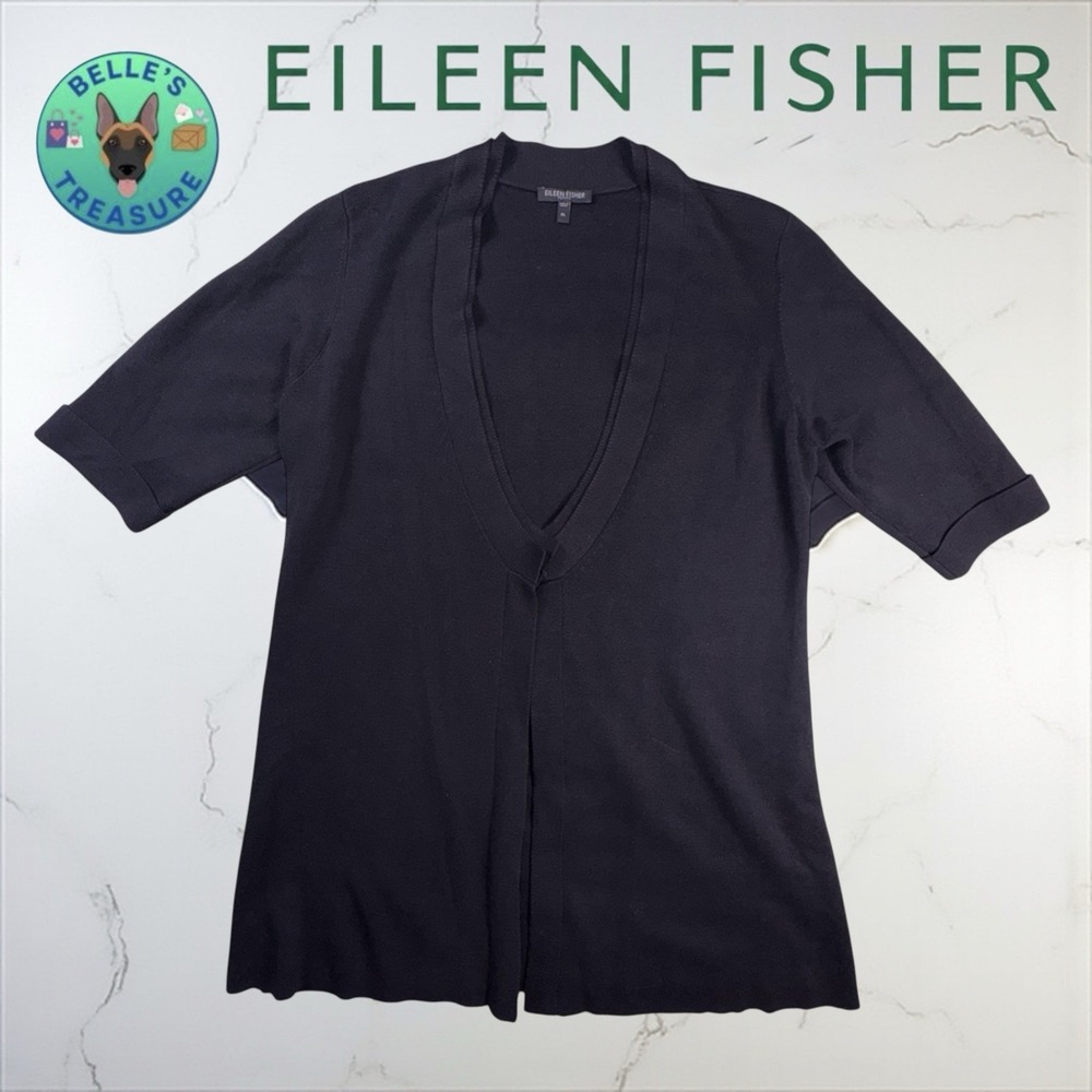 Eileen Fisher Sweater Womens‎ Petite Large Cardigan Black Deep V Neck Silk Blend